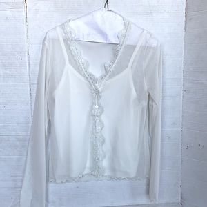 Jazzie Women Sheer Ivory Lacey Blouse with Camisole Buttons Scalloped Hemline